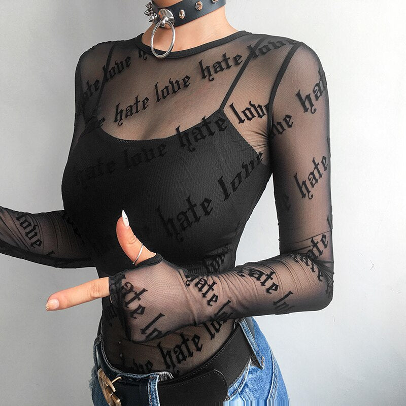 "LOVE HATE" MESH TOP