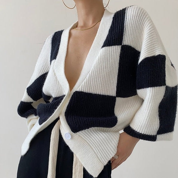 "CHECKERBOARD" KNIT CARDIGAN