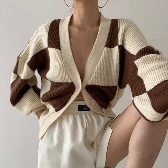 "CHECKERBOARD" KNIT CARDIGAN